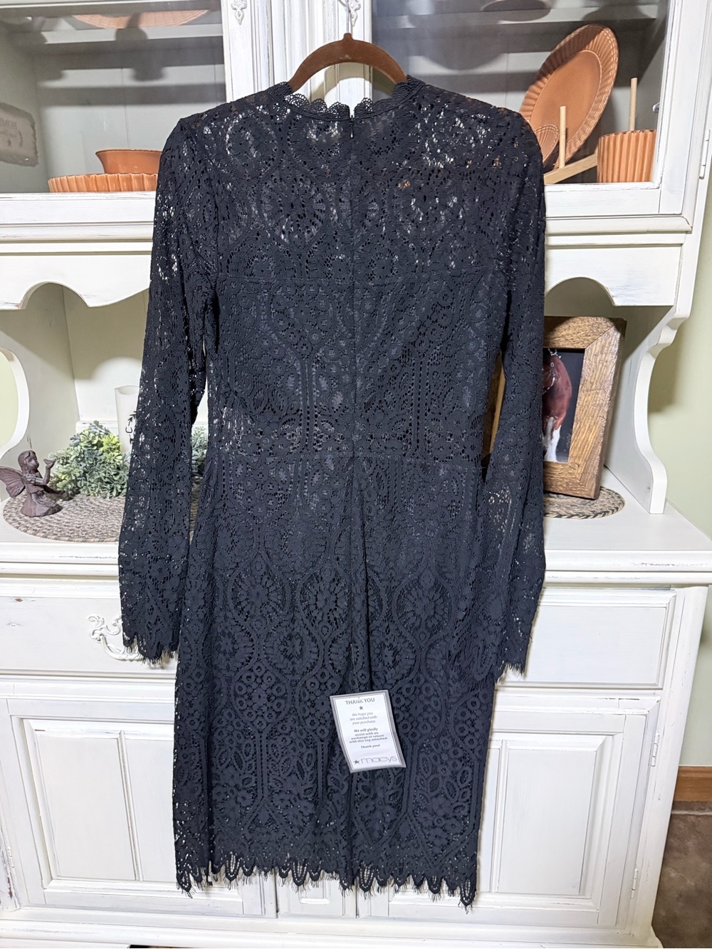 bebe Black Scallop-Edge Lace Long-Sleeve Pencil Dress - Picture 7 of 7